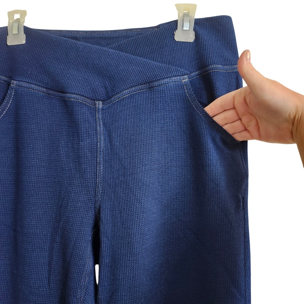 Halara XL Navy Blue Waffle Knit Crossover High Waist Flare Leg Pants Denim Like - Picture 13 of 16